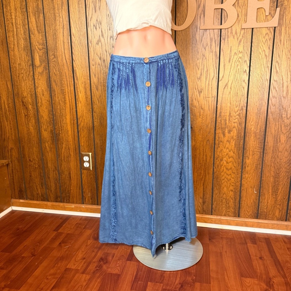 Jennifer Lauren Maxi Skirt Women M Blue Acid Wash Boho Embroidered Fairy Cottage